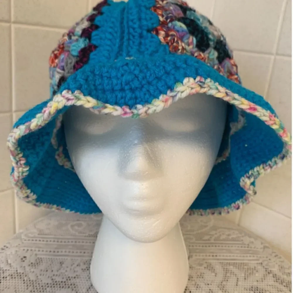 NEW! Hand Crocheted Hippie Style Granny Square Bucket Hat Retro Boho Trendy